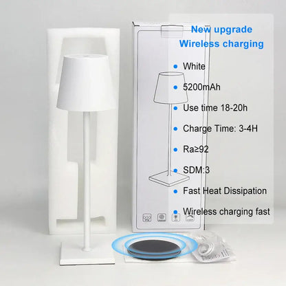 White minimalist plodina usb rechargeable acrylic table lamp with sleek modern design and wireless charging pad for bedroom and living room
