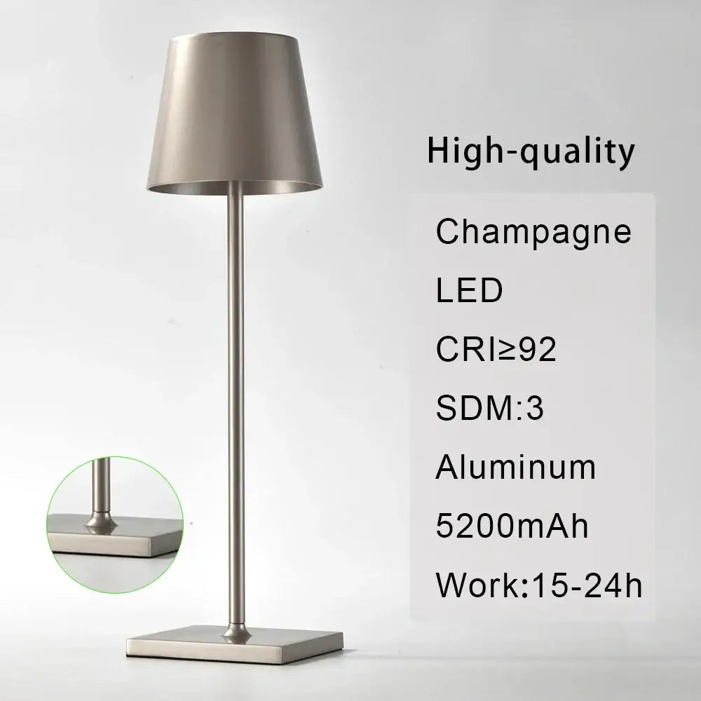 A sleek modern usb rechargeable acrylic table lamp with champagne aluminum body and tapered shade for bedroom use