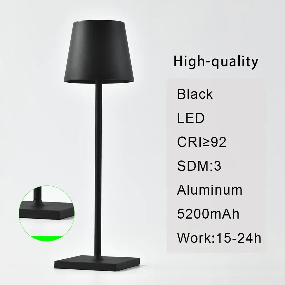 Black aluminum modern usb rechargeable acrylic table lamp with sleek matte finish for bedroom and living room use