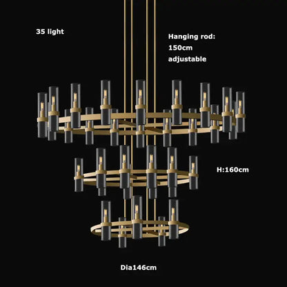 Modern vintage gold 2-layer chandelier lighting with tiered gold rings and black glass shades for dining room use