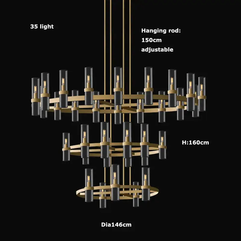 Modern vintage gold 2-layer chandelier lighting with tiered gold rings and black glass shades for dining room use