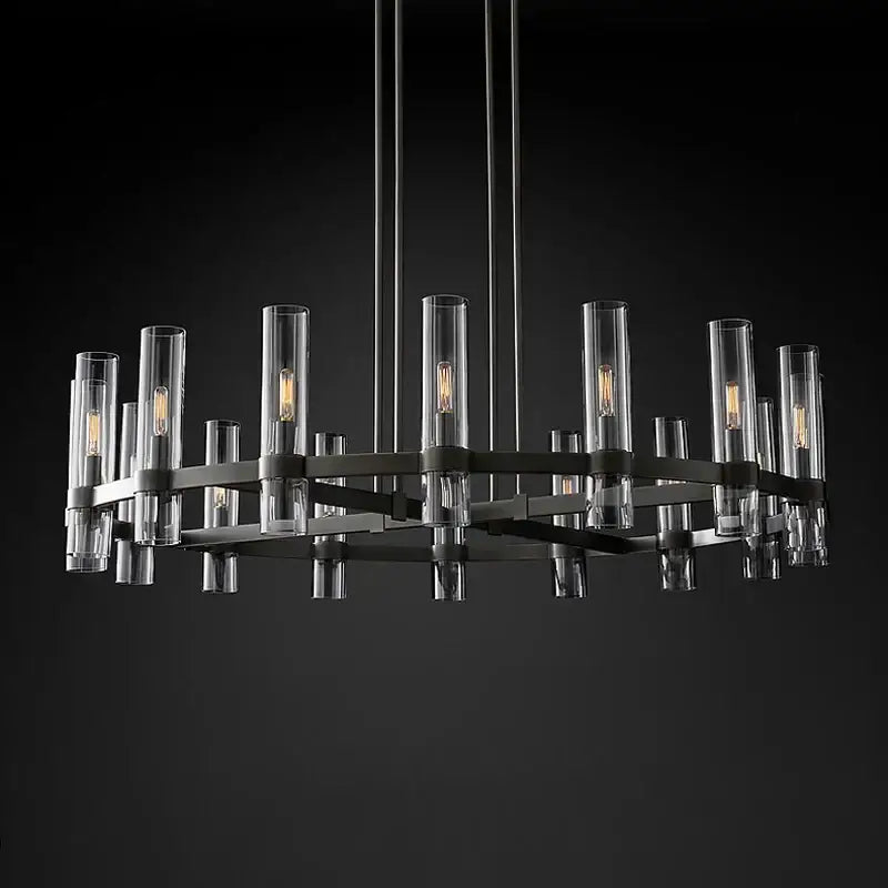 Black metal 2-layer chandelier lighting with clear glass tubes and exposed filament bulbs for dining room use