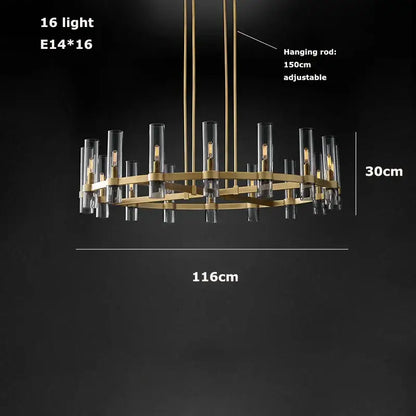 Modern vintage gold 2-layer chandelier lighting with 16 clear glass cylinders and warm bulbs for dining room chandelier lighting