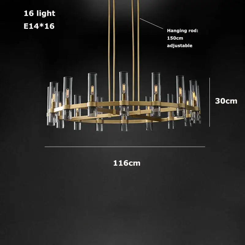 Modern vintage gold 2-layer chandelier lighting with 16 clear glass cylinders and warm bulbs for dining room chandelier lighting