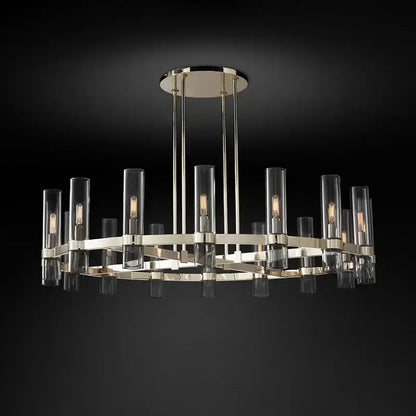 Modern vintage gold 2-layer chandelier lighting with polished brass arms and glass cylinders for dining room ambiance