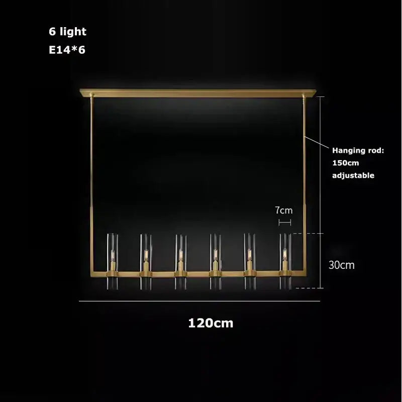 Modern vintage gold 2-layer chandelier lighting with six e14 bulbs in clear glass cylinders for dining room