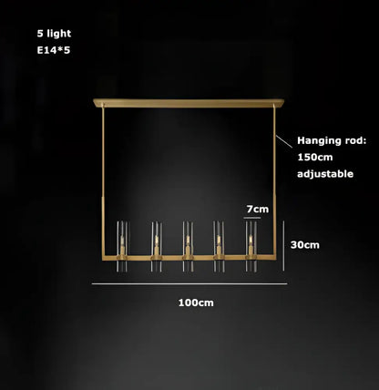 Modern vintage gold 2-layer chandelier lighting with five e14 bulbs in clear glass cylinders for dining room use