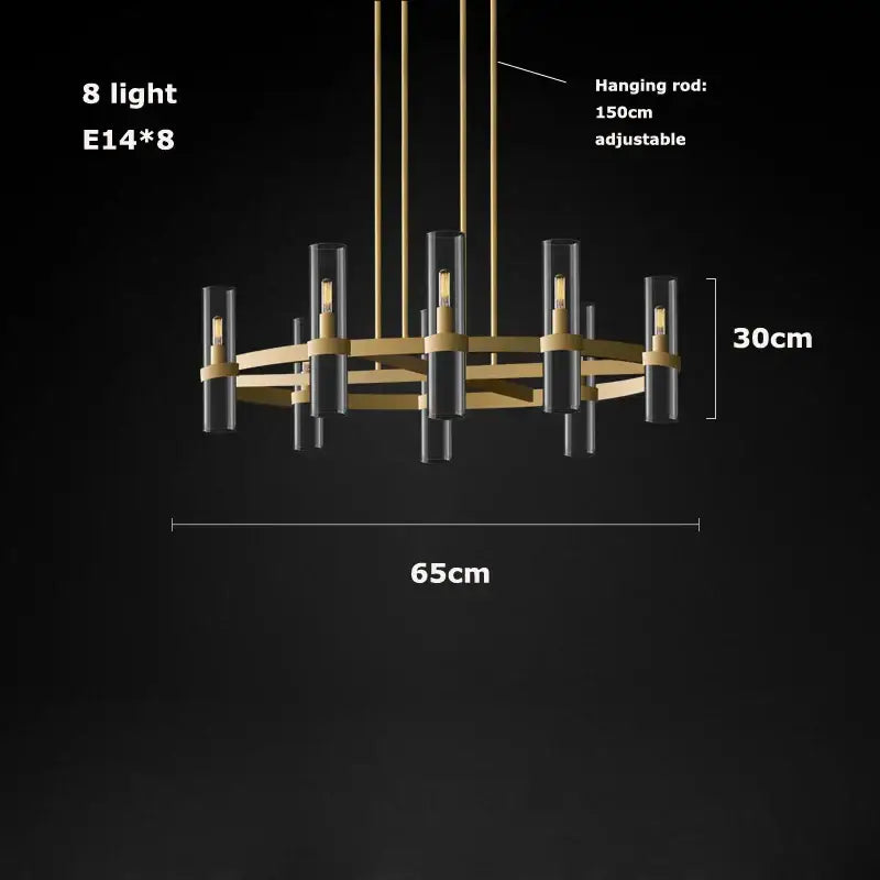 Modern vintage gold 2-layer chandelier lighting with eight cylindrical glass shades and black accents for dining room