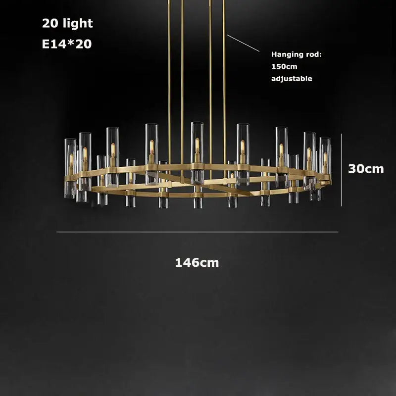 Modern vintage gold 2-layer chandelier lighting with 20 clear glass cylinders for dining room chandelier lighting