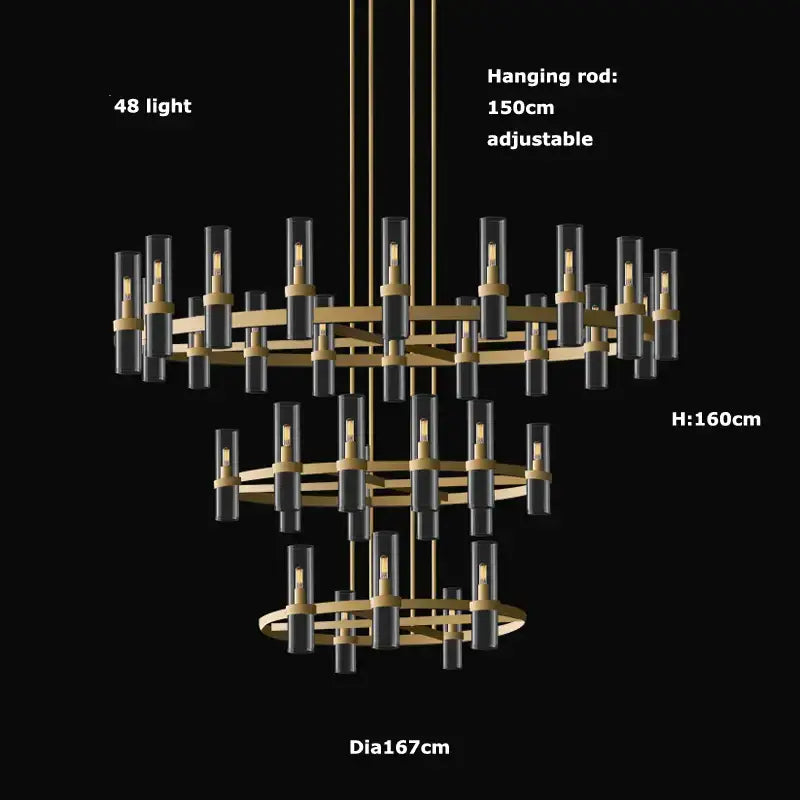 Modern vintage gold 2-layer chandelier lighting with gold-toned metal frames and black glass shades for dining room