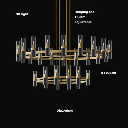 Modern vintage gold 2-layer chandelier lighting with 30 lights, gold metal frame, and black glass shades for dining room