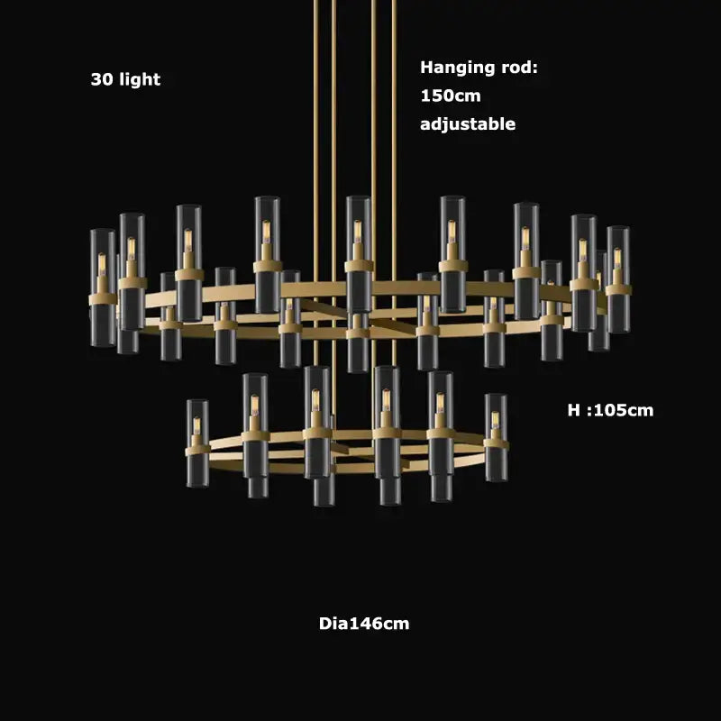 Modern vintage gold 2-layer chandelier lighting with 30 lights, gold metal frame, and black glass shades for dining room