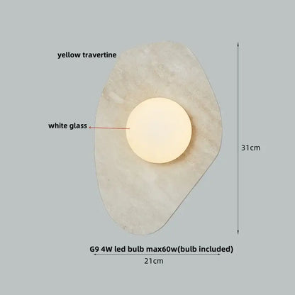 Modern wabi sabi led wall lamp with yellow travertine organic base and white glass bulb for bedroom lighting