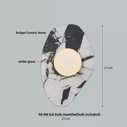 Modern wabi sabi black and cream resin led wall lamp with marbled stone surface and circular white glass panel