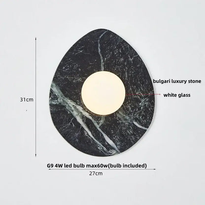 Modern wabi sabi black marble teardrop wall lamp with white glass led bulb for bedroom lighting