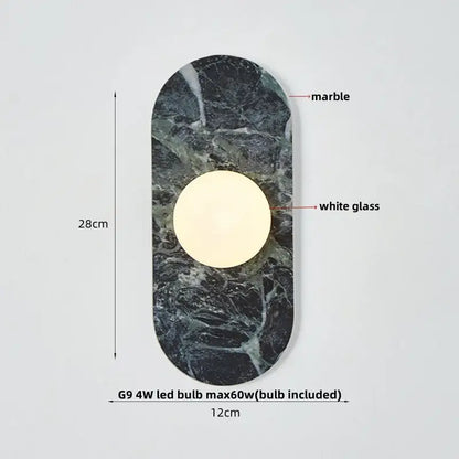 Modern wabi sabi led wall lamp with dark green marble backplate and white glass diffuser for bedroom lighting