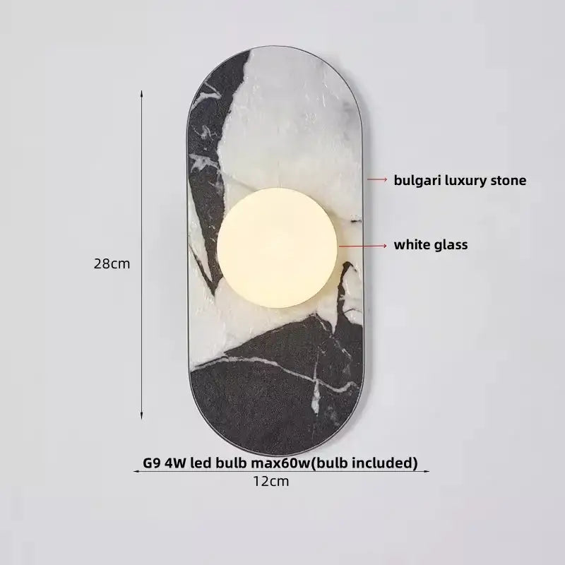 Modern wabi sabi black and cream resin led wall lamp with black and white marble pattern and circular white glass panel