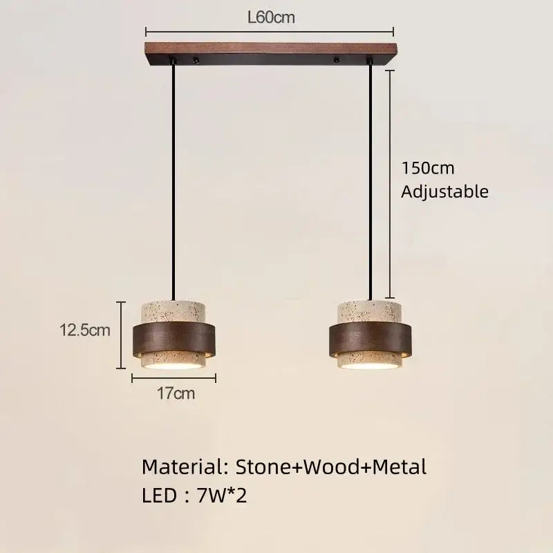 Modern wabi sabi tiered stone pendant light with textured gray stone shade and dark metal frame featuring led bulb