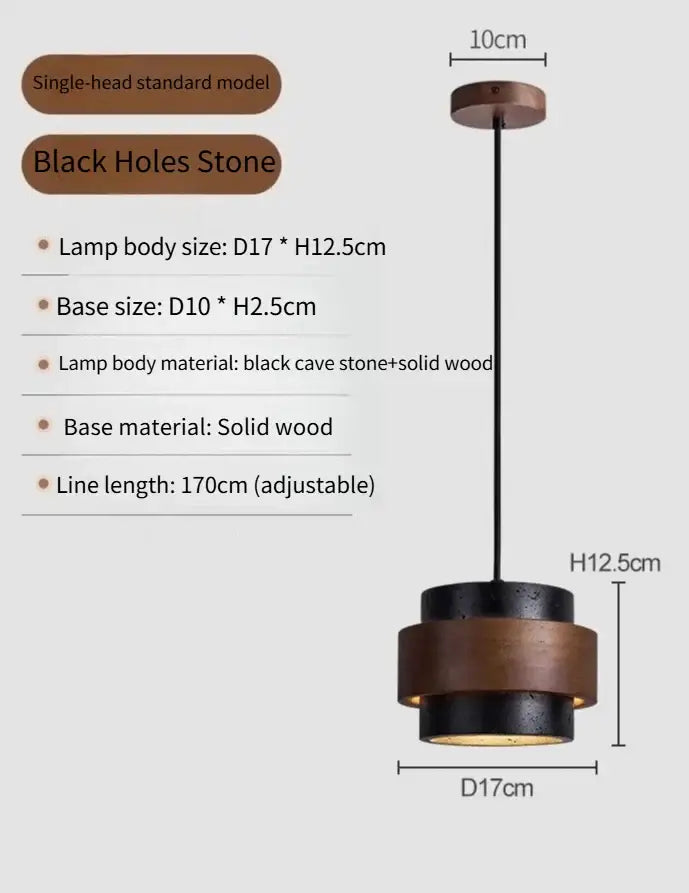 Modern wabi sabi tiered stone pendant light with black cave stone and solid wood in warm brown for dining room use
