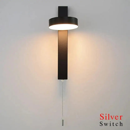 Modern wall sconce in black with circular light fixture and silver pull chain switch 350° modern wall adjustable design