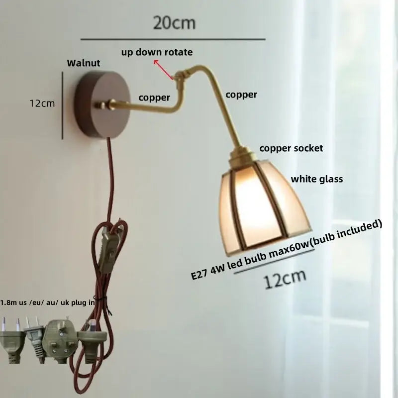 Modern walnut and brass clear glass led wall sconce with copper rotating arm, white shade, ideal for decorbites clear glass stair light
