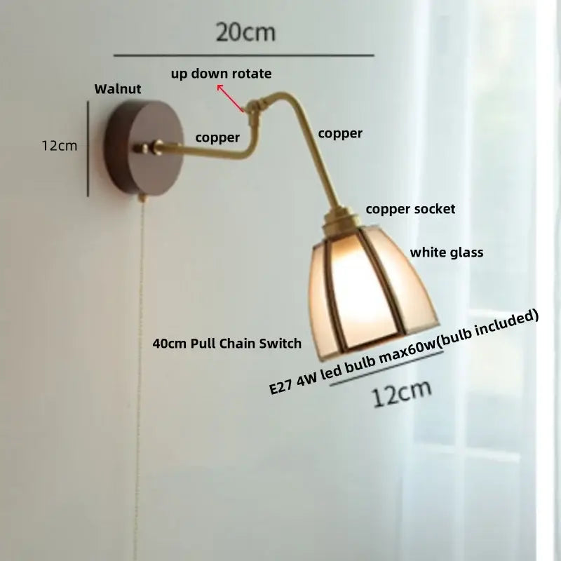 Modern walnut and brass clear glass led wall sconce with copper trim white glass shade and 40cm pull chain switch