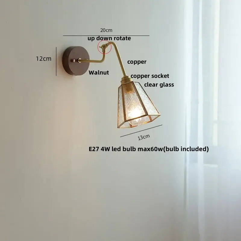 Modern walnut and brass clear glass led wall sconce with copper arm and walnut-finished mounting plate by decorbites clear glass