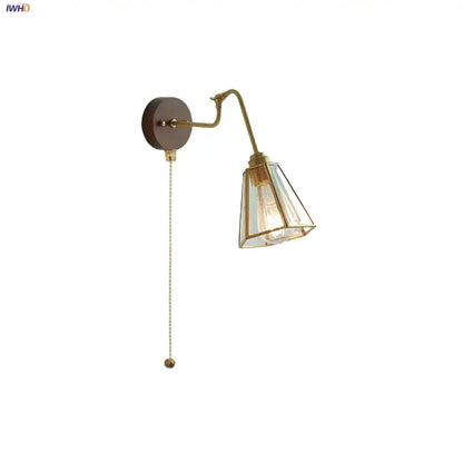 Modern walnut and brass clear glass led wall sconce with brass finish geometric shade and pull chain stair light decorbites clear glass