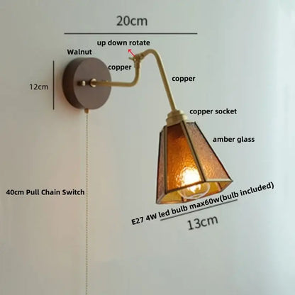 Modern walnut and brass clear glass led wall sconce with copper amber glass shade and walnut mounting plate decorbites clear glass