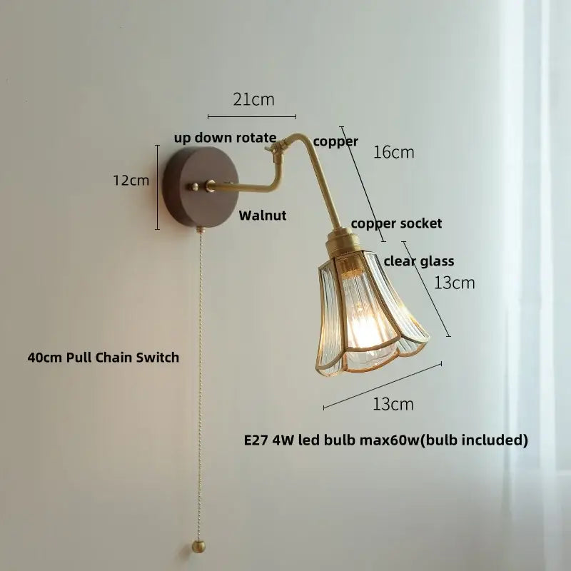 Modern walnut and brass clear glass led wall sconce with copper finish and walnut mounting plate for stair lighting