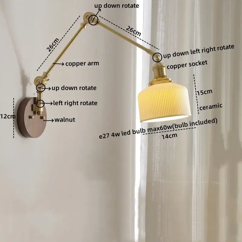 Adjustable brass copper arm led wall light with ribbed ceramic lampshade for modern walnut and brass bedroom decorbites led wall