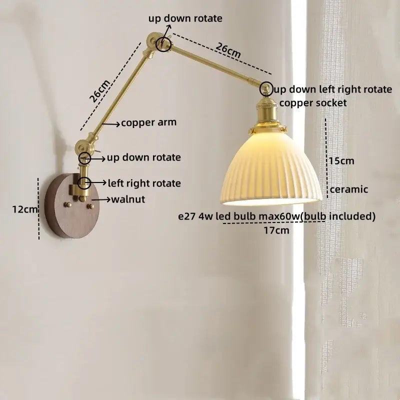 Adjustable brass wall light with a ribbed ceramic shade modern walnut and brass led wall light for bedroom decorbites led wall