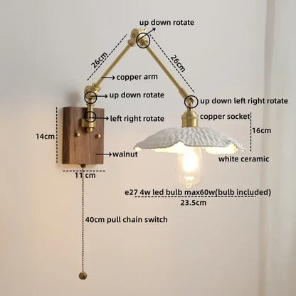 Adjustable copper-arm wall light with white ceramic shade and walnut mounting plate for modern bedroom decorbites led wall light