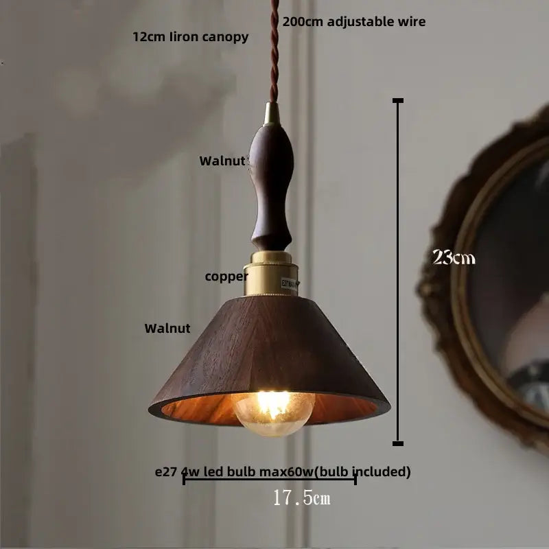 Modern walnut wood pendant light with dark walnut shade and brass fittings for dining room clear glass design