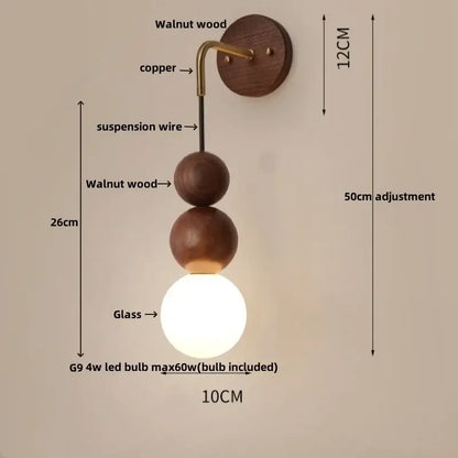 Modern walnut wood and white glass wall light with copper arm and adjustable led wall design for living room decorbites