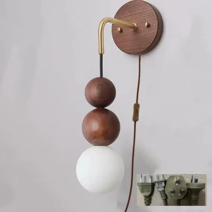 Modern walnut wood and white glass wall light with circular base and brass arm for living room decorbites adjustable led ambiance
