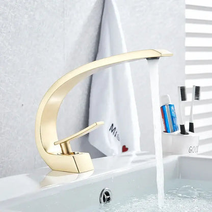 Gold-toned modern basin faucet with sleek curved spout and minimalist design for decorbites black chrome basin use