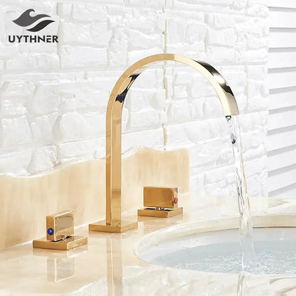 Modern waterfall dual handle gold basin faucet with sleek metallic finish and decorbites dual handle design