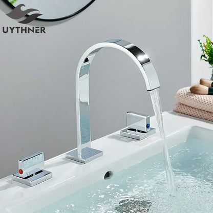 Modern waterfall dual handle gold basin faucet with chrome finish sleek arched spout and rectangular handles decorbites dual handle