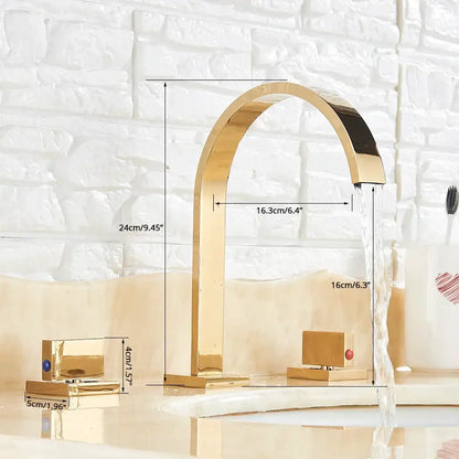 Modern waterfall dual handle gold basin faucet with sleek metallic finish and blue red accent stones by decorbites dual handle