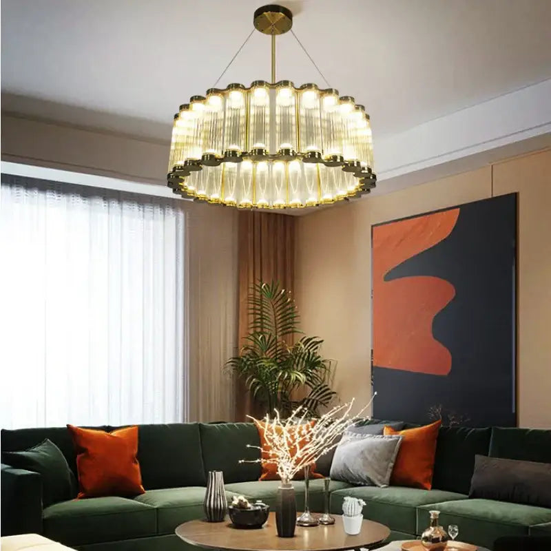Modern wave decorbites golden chandelier with tiered golden metal frames and translucent glass shades for living room LED light