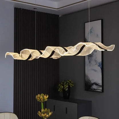 Modern wave glass elegant led pendant chandelier with translucent textured glass and warm illumination for dining room