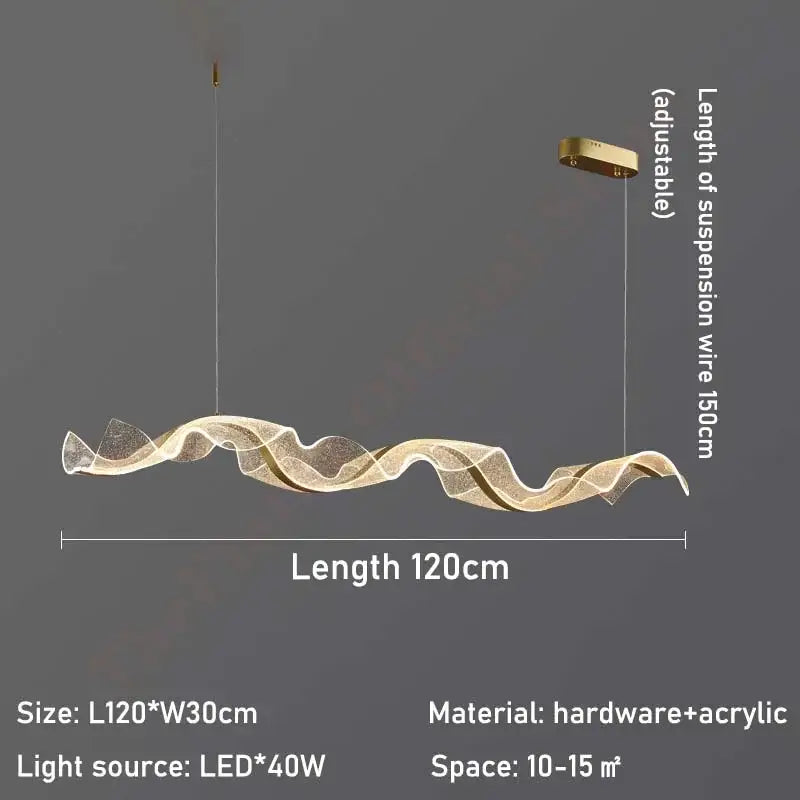Modern wave gold acrylic led pendant lamp with flowing wave design and gold-toned hardware for dining room use