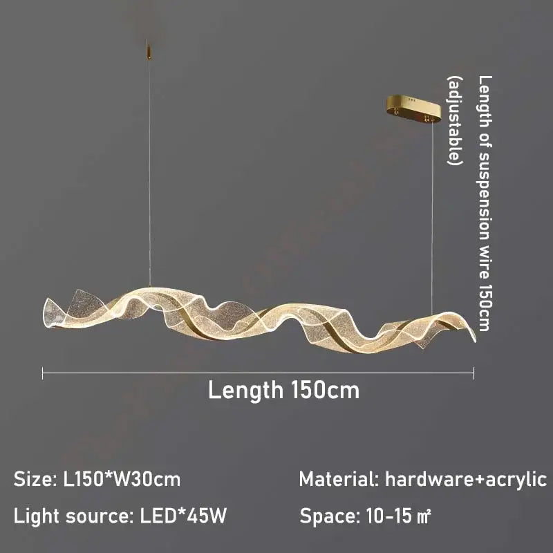 Modern wave gold acrylic led pendant lamp with flowing wave design and gold hardware for dining room lighting