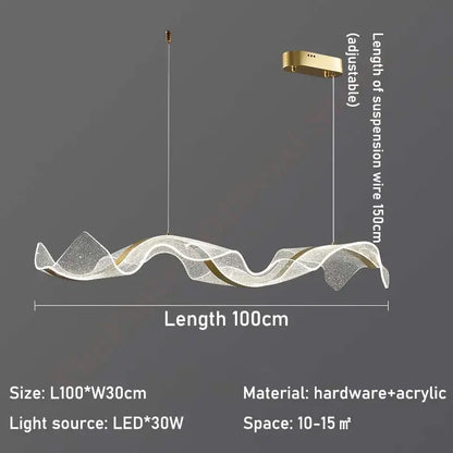 Modern wave gold acrylic led pendant lamp with translucent acrylic body and gold-toned hardware for dining room