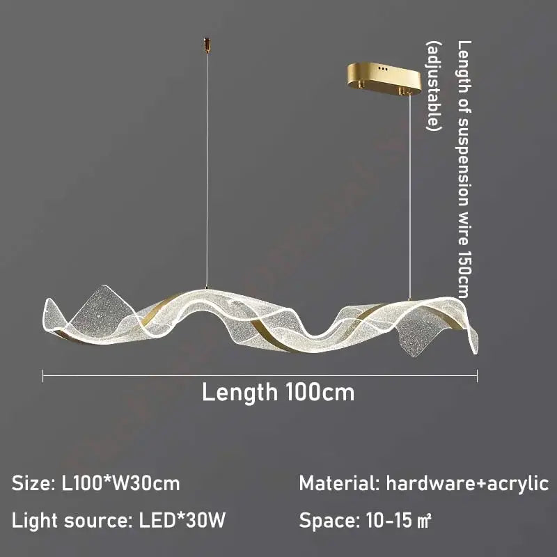 Modern wave gold acrylic led pendant lamp with translucent acrylic body and gold-toned hardware for dining room