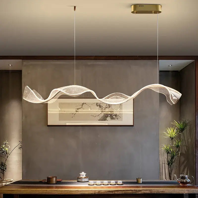 Modern wave gold acrylic led pendant lamp with translucent mesh design and gold-toned ceiling fixture for dining room