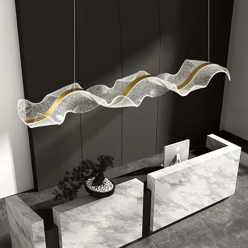 Modern wave gold acrylic led pendant lamp with translucent textured glass and gold-accented inner bands for dining room