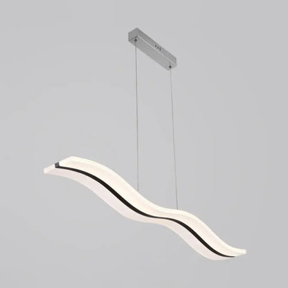 Modern white led pendant light fixture with sleek wavy design and black accent strip in acrylic material for island lighting