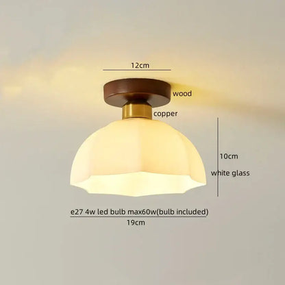 A warm-toned octagonal white glass ceiling lamp with wooden and copper decorbites led wood fixture